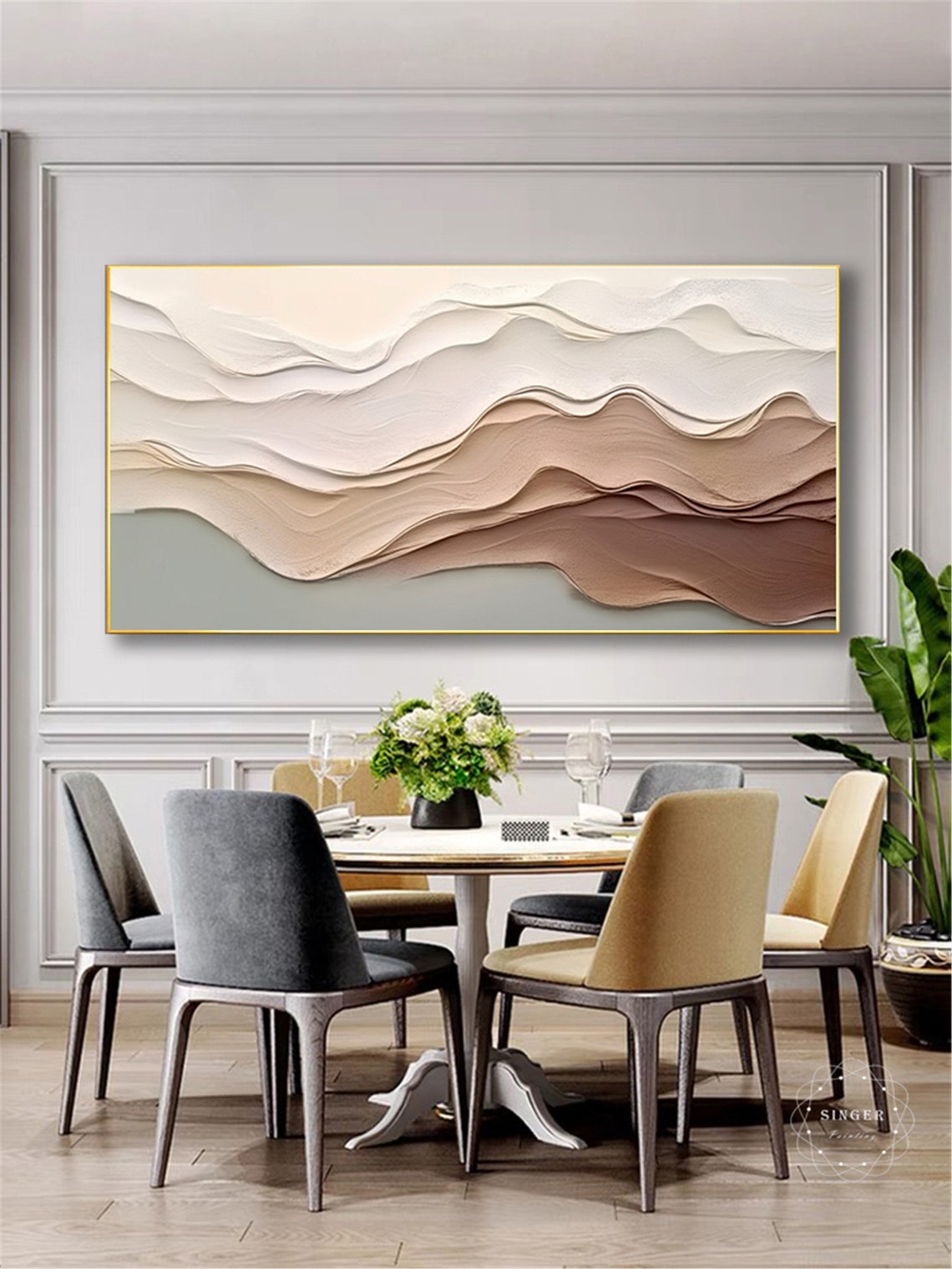 Flowing Wave Layers Abstract 3D Textured Cream Caramel Panoramic Print - Image 4