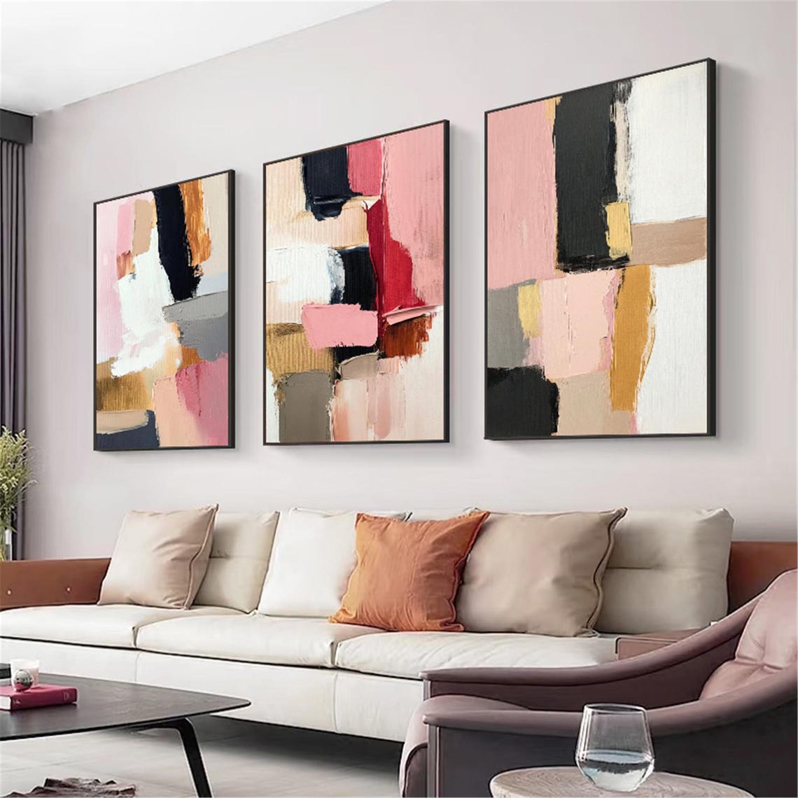 Three Piece Pink Black White Red Abstract Set Modern Triptych Wall Art - Image 3