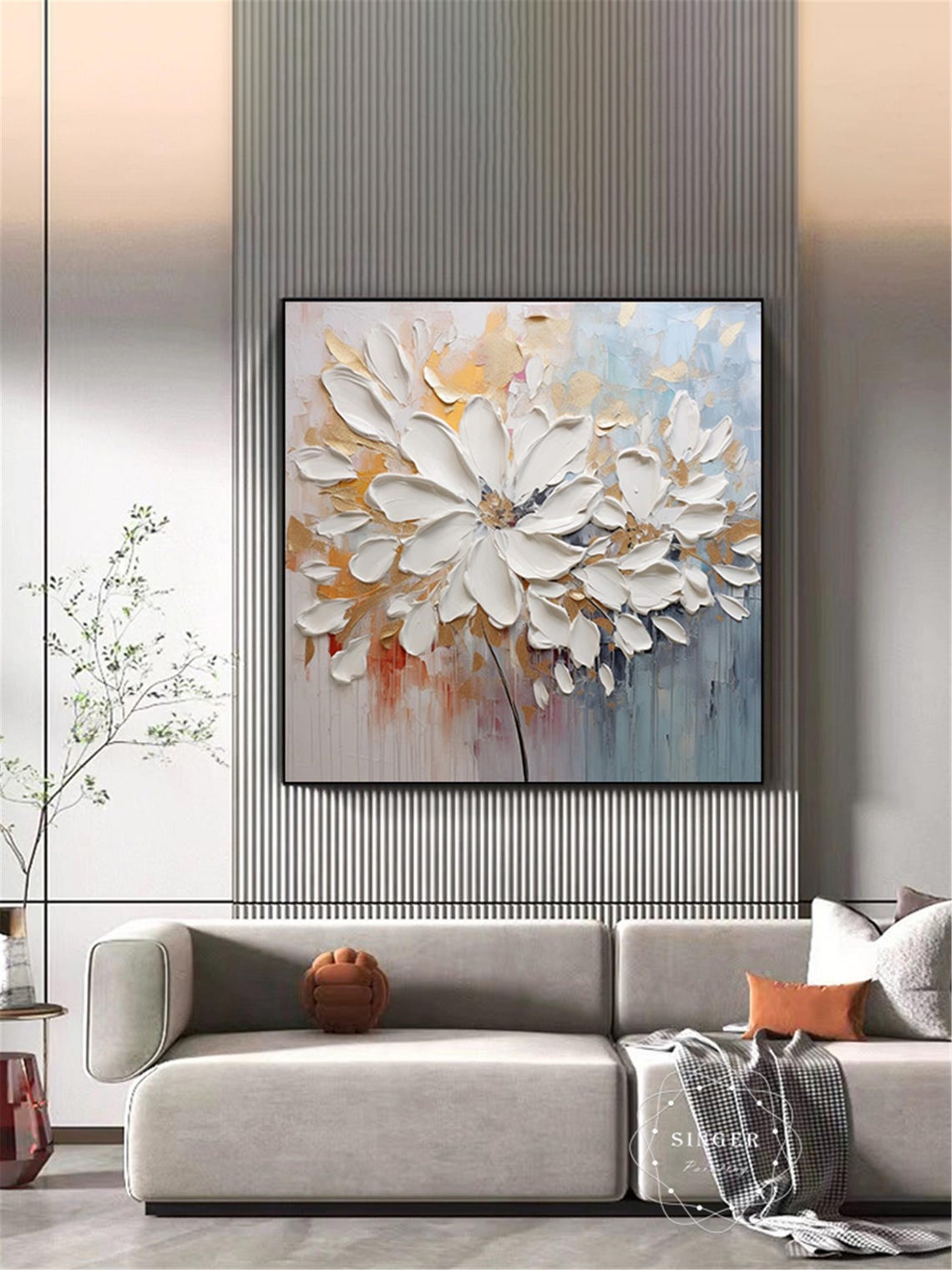 Giant White Daisy Gold Beige Abstract Modern Square Wall Art - Image 3