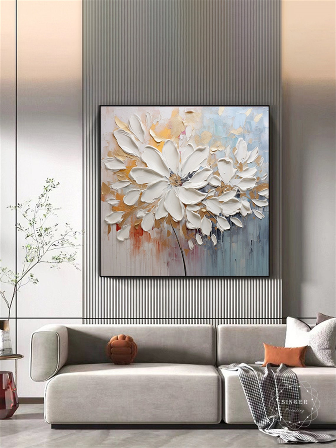 White Bloom Petals 3D Textured Impasto Flower Painting Gold Wall Art - Image 3