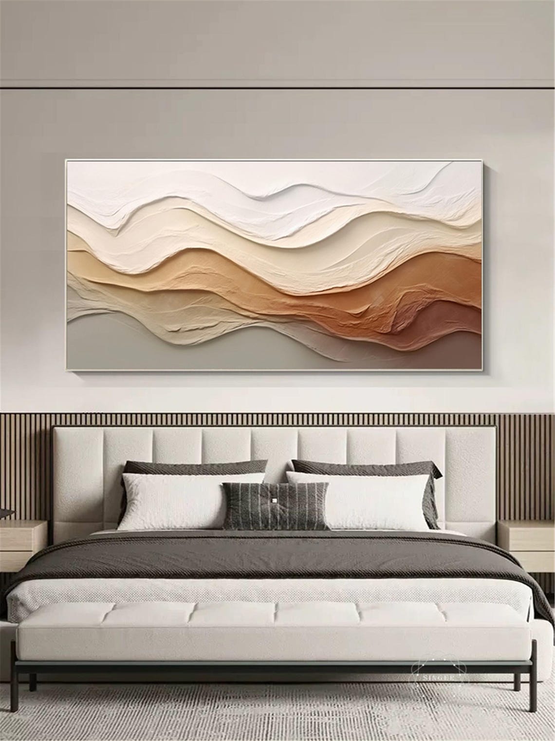 Beige White Brown Flowing Wave Layers Panoramic Abstract Wall Art - Image 2