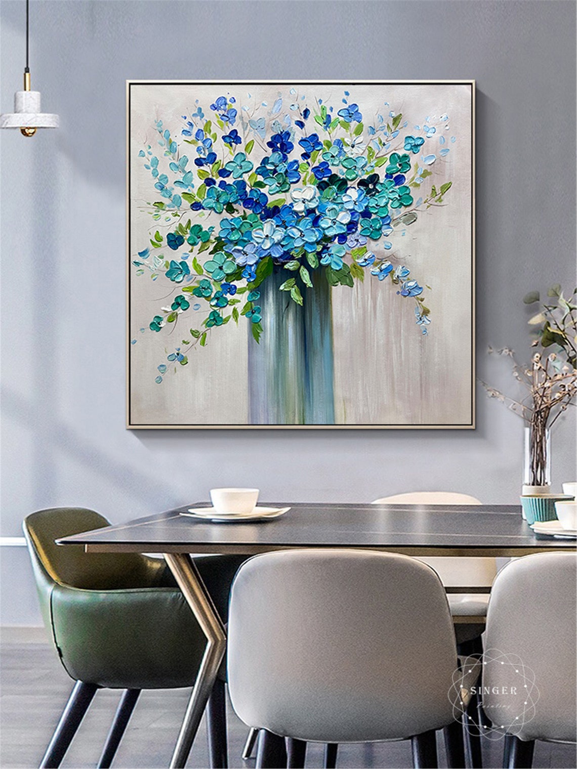 Blue Hydrangea Bouquet in Vase Textured Impasto Floral Wall Art Poster - Image 2