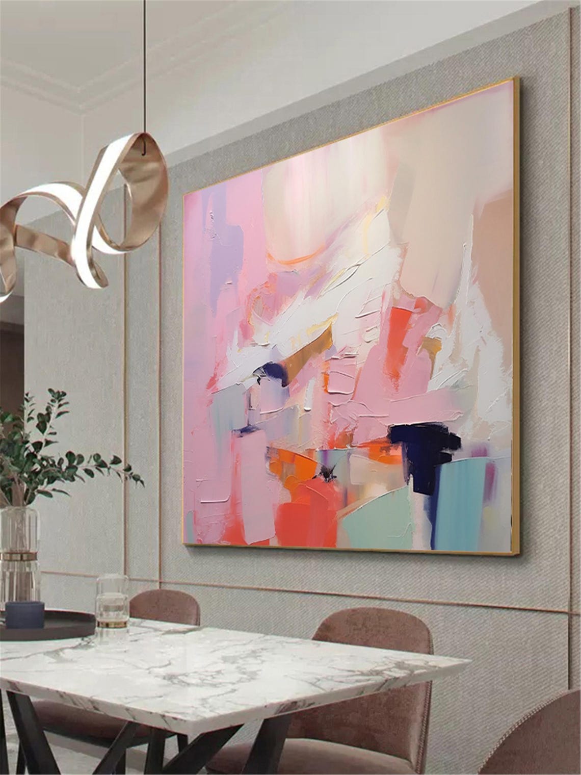 Blush Pink Navy Orange Modern Abstract Brushstroke Gallery Wall Art - Image 2