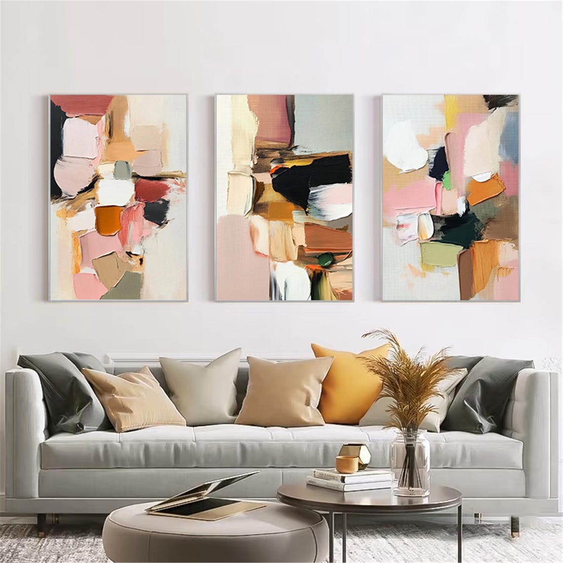 Three Piece Blush Orange Black Abstract Set Triptych Modern Wall Art - Image 4