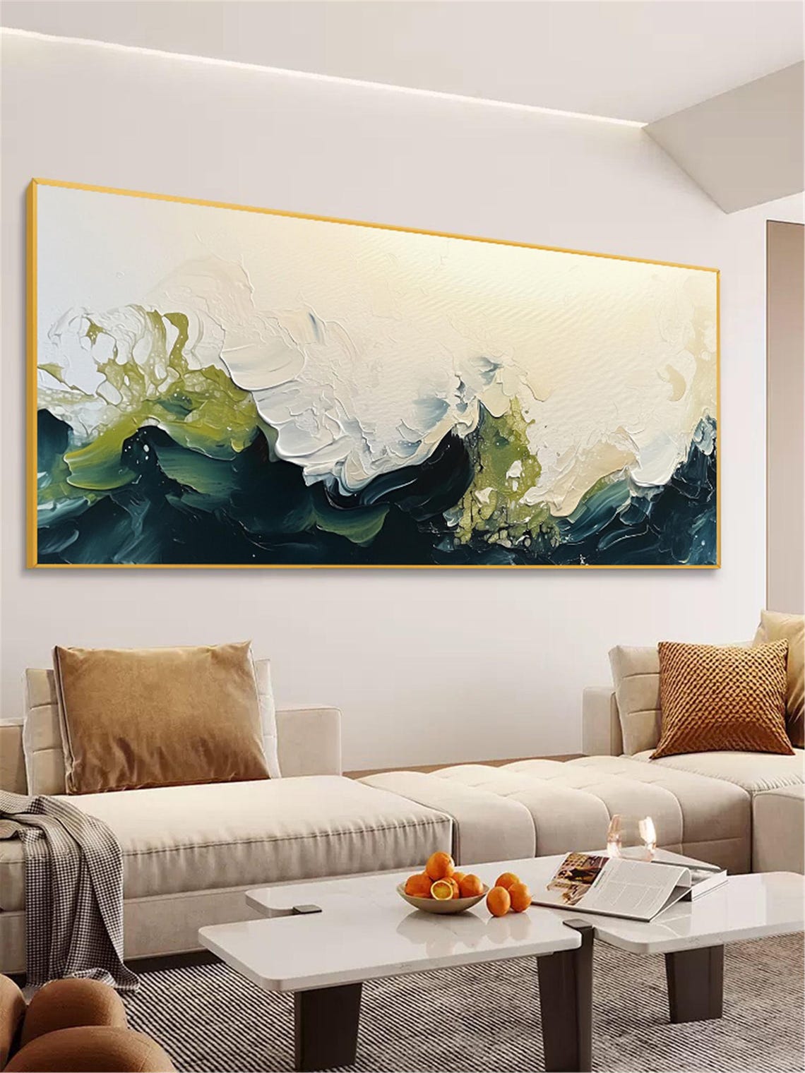 Deep Teal Ocean Waves 3D Textured Painting White Foam Panoramic Poster - Image 2