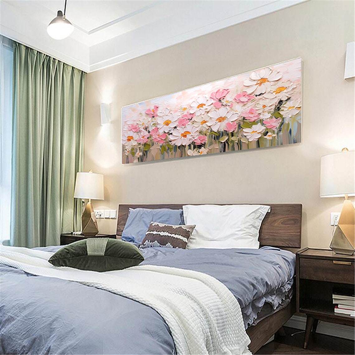 White Pink Cosmos Flower Field Panoramic Textured Floral Wall Art - Image 2