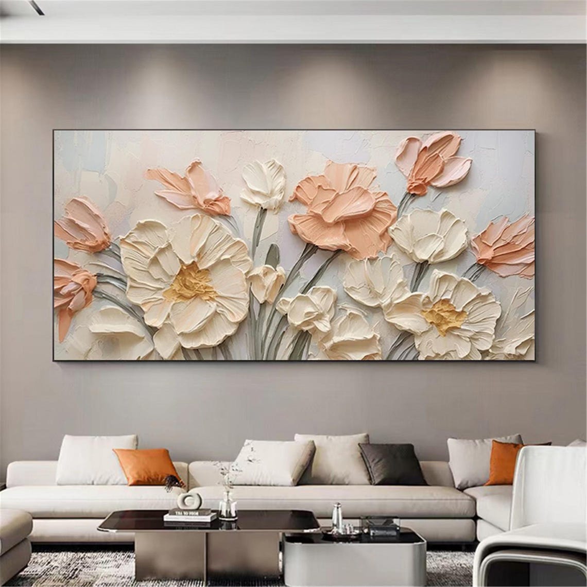 Neutral Cream Peach 3D Textured Large Blossom Floral Painting Poster - Image 5