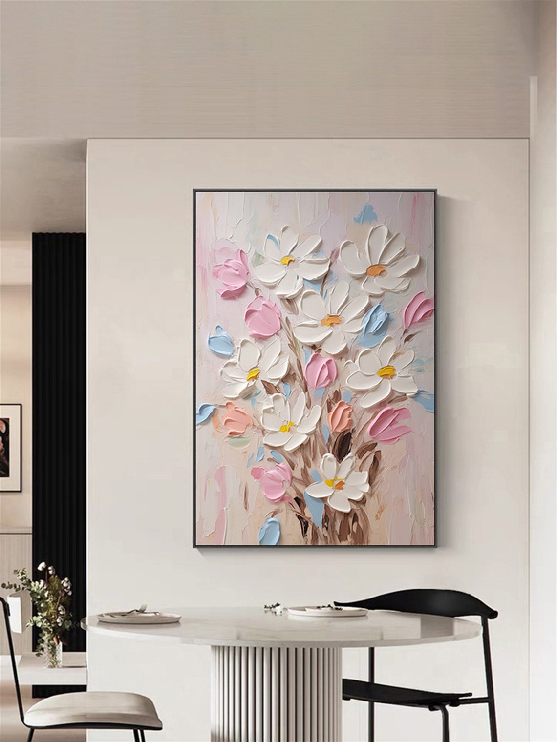 White Pink Daisy Bouquet Pale Blue Vertical Textured Flower Wall Art - Image 4