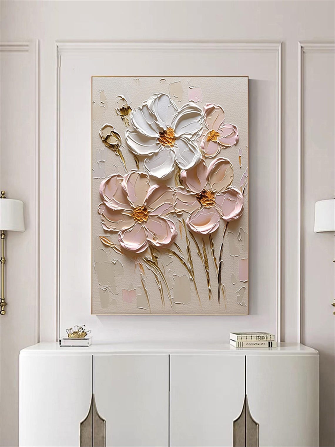 White Peach Bloom Tall Stems 3D Textured Floral Painting Poster - Image 4