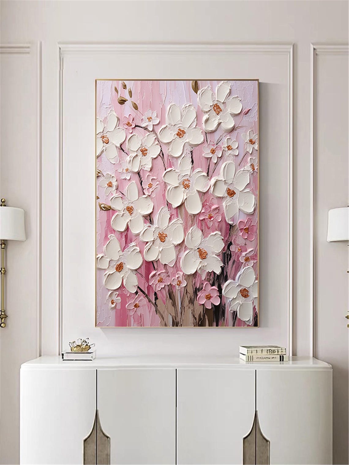 White Cherry Blossom Pink Background 3D Textured Floral Wall Art - Image 4