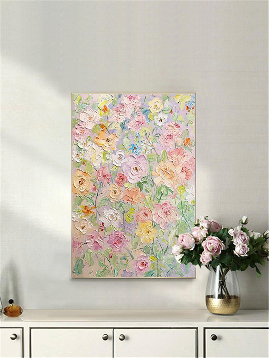 Blush Pink Rose Garden Bloom 3D Textured Floral Painting Poster - Image 3