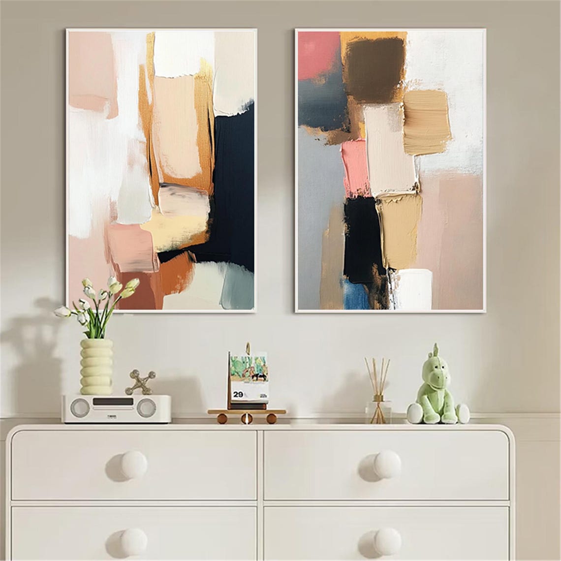 Two Piece Pink Black Gold Modern Abstract Pair Diptych Wall Art - Image 5