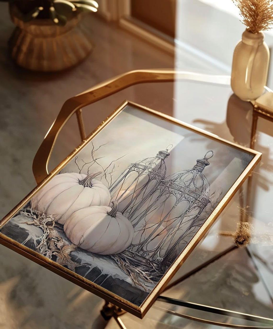 White Pumpkins And Wire Lanterns Neutral Fall Halloween Print
