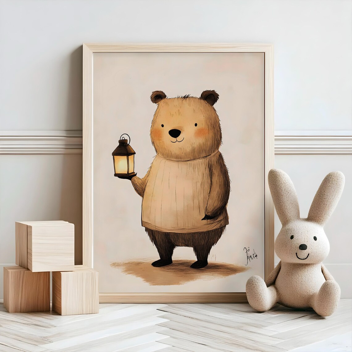 Watercolor Bear Holding Glowing Lantern Woodland Storybook Art Poster - Image 2