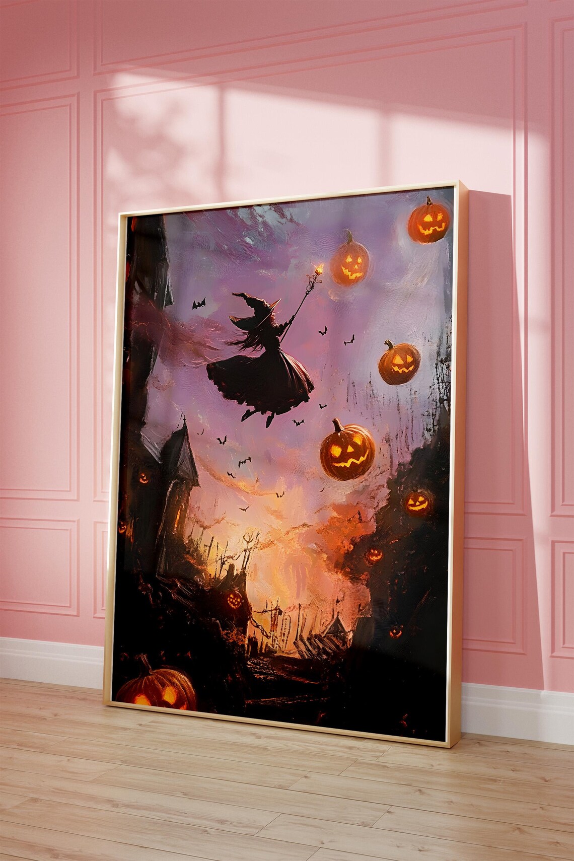 Witch Flying Over Pumpkins Purple Night Sky Dark Academia Art Poster - Image 4