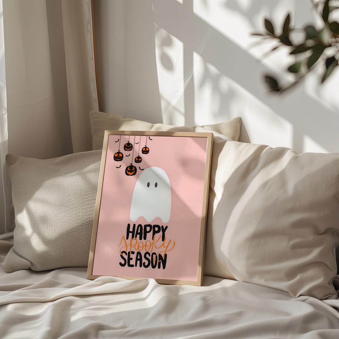Happy Spooky Season Ghost and Pumpkins Pink Halloween Art Poster - Image 2