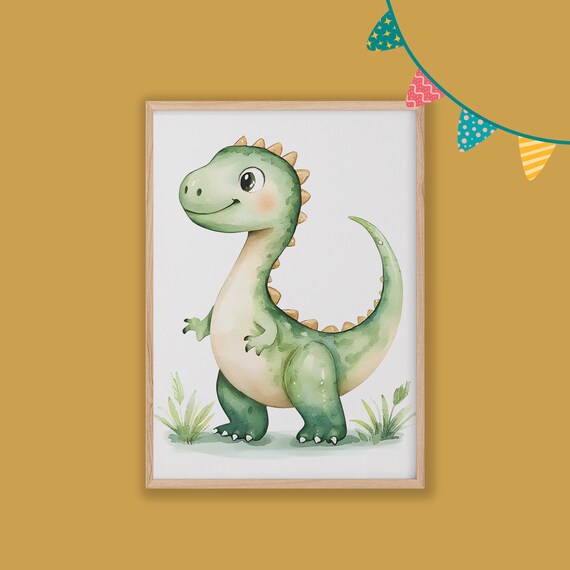 Cute Green Watercolor Baby Dinosaur Nursery Art Decor Poster