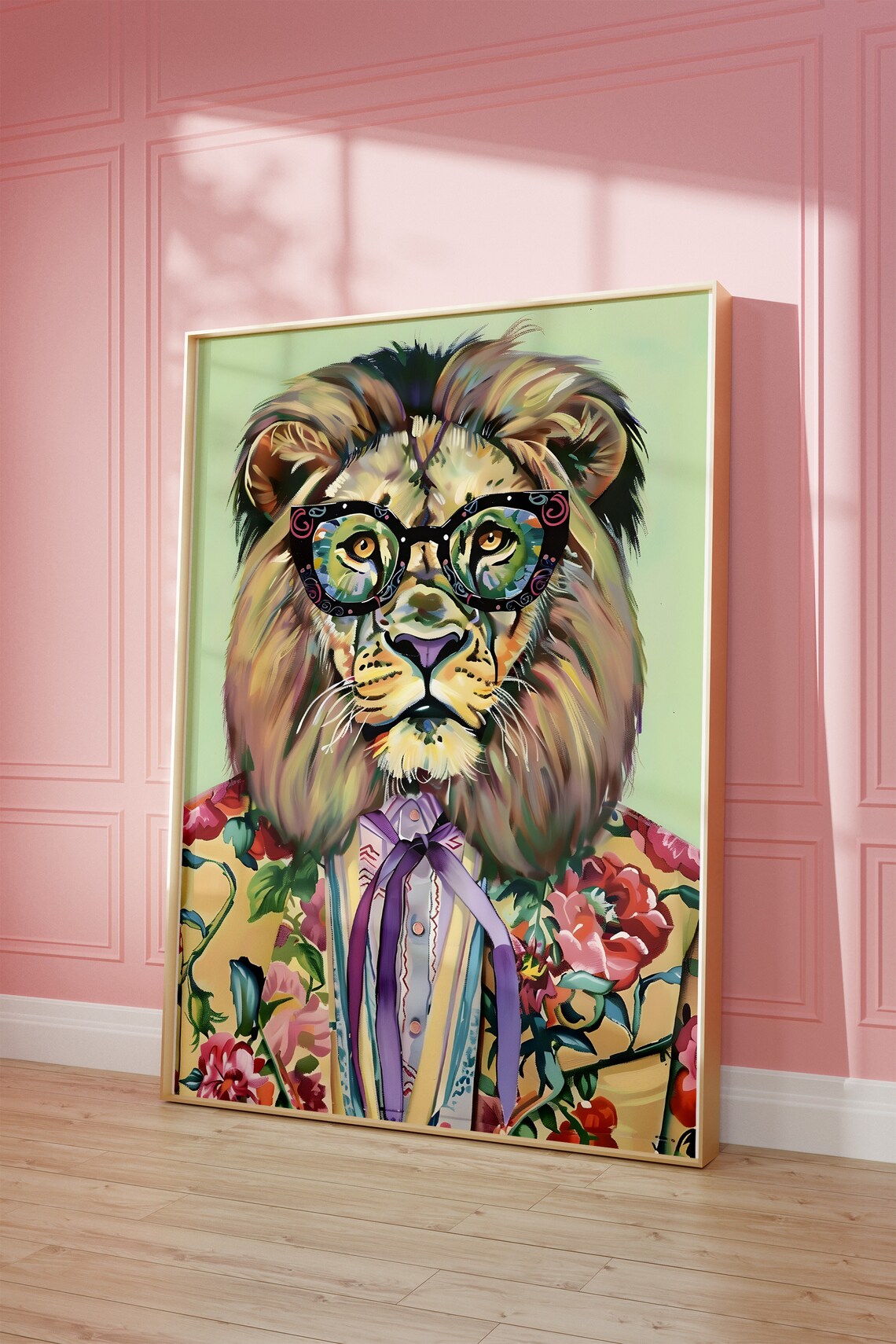 Funky Lion Wearing Glasses Floral Suit Colorful Animal Art Poster