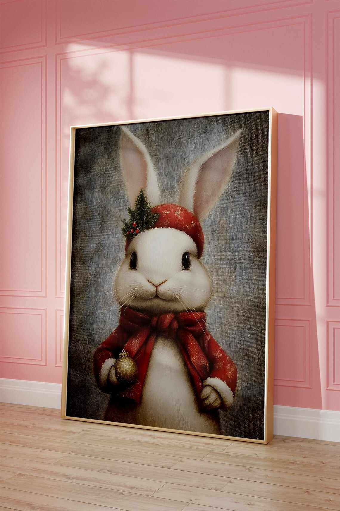 Christmas Bunny Red Coat Vintage Rabbit Holiday Portrait Poster - Image 3