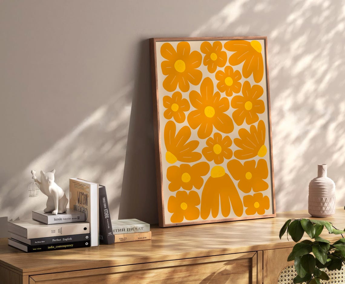 Orange Daisy Floral Pattern Retro Abstract Botanical Wall Art - Image 2