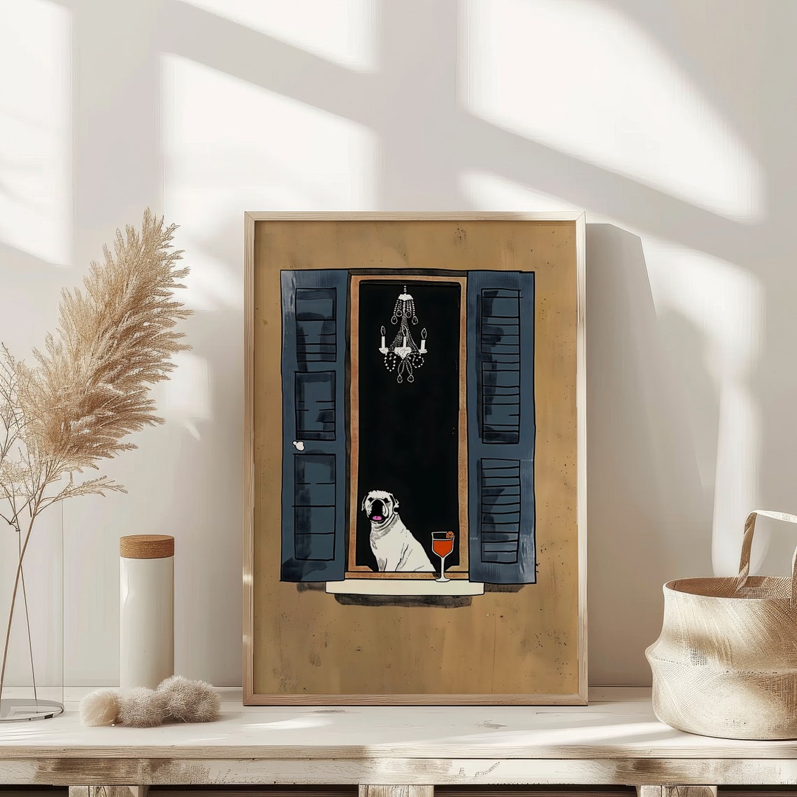 Pug In Window With Spritz Cute Dog Cocktail Illustration Poster