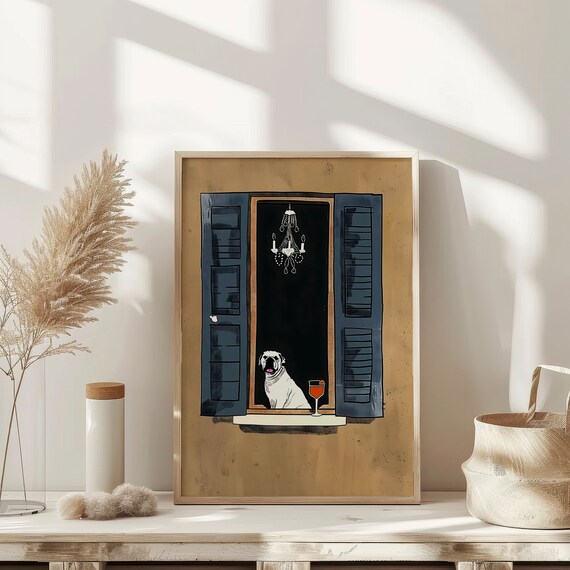Pug In Window With Spritz Cute Dog Cocktail Illustration Poster