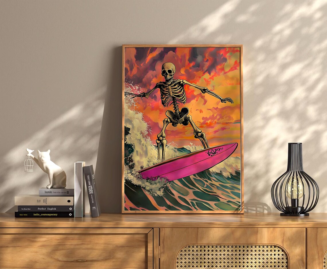 Skeleton Surf Vintage Halloween Art Print