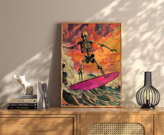 Skeleton Surf Vintage Halloween Art Print