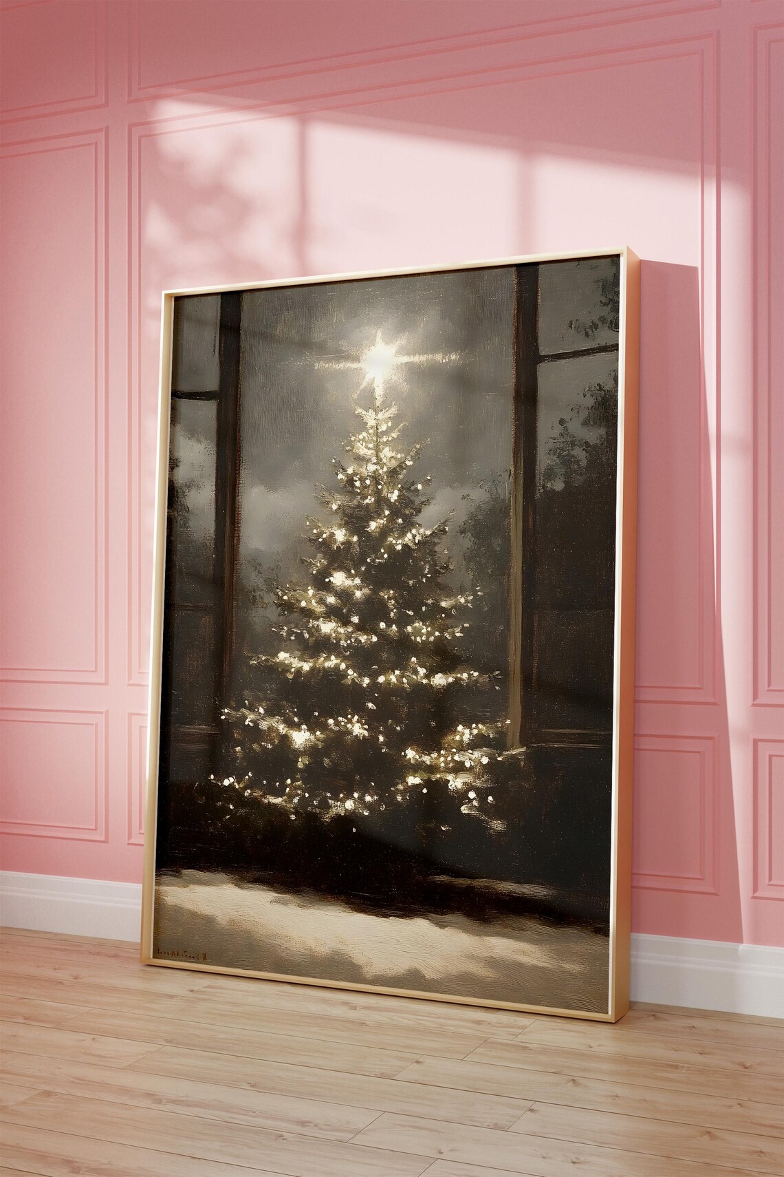 Glowing Christmas Tree At Night Moody Oil Painting Holiday Art Poster - Image 3