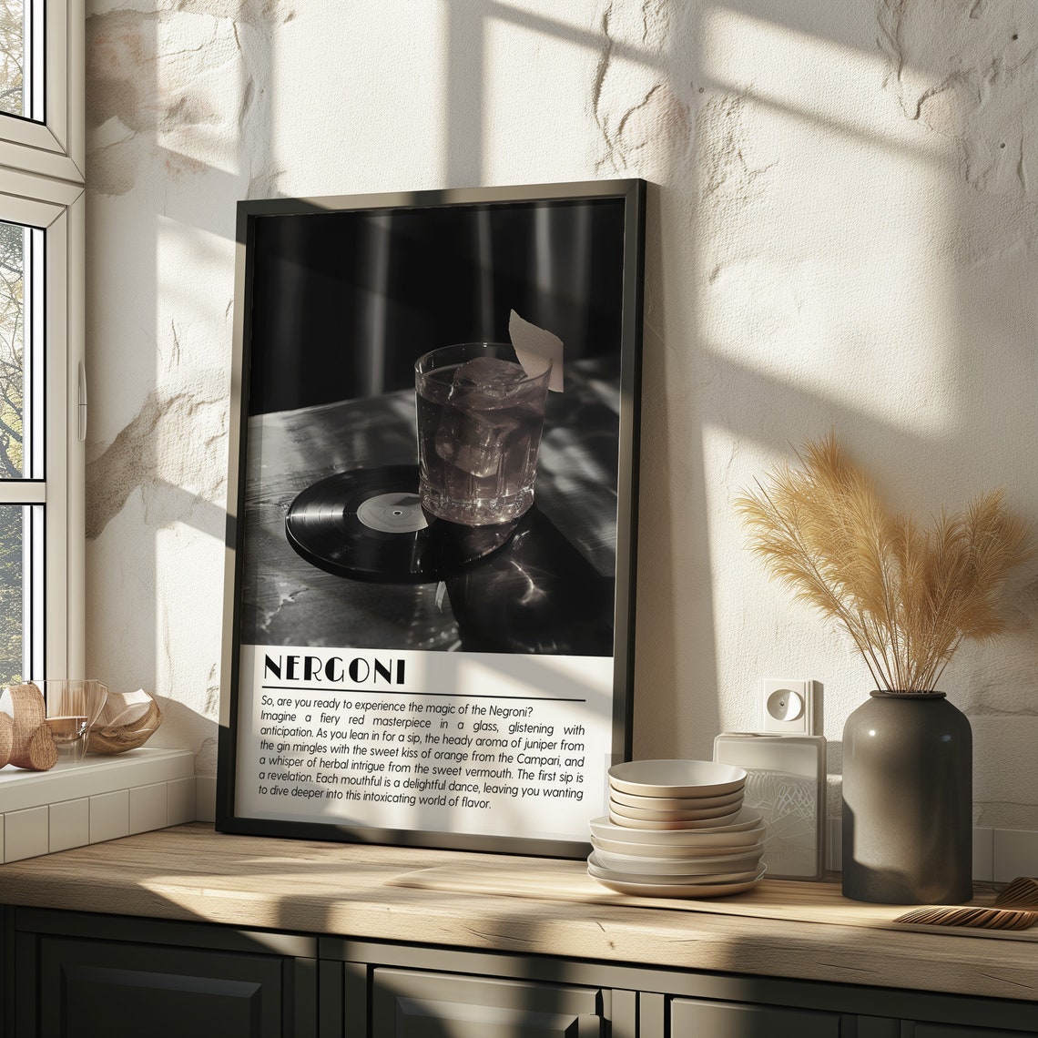 Negroni Cocktail Black and White Vinyl Record Vintage Bar Art Poster - Image 2