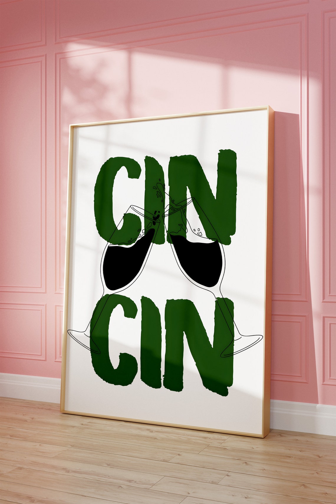 Cin Cin Green Cheers Typography Wine Glasses Minimalist Print - Image 2