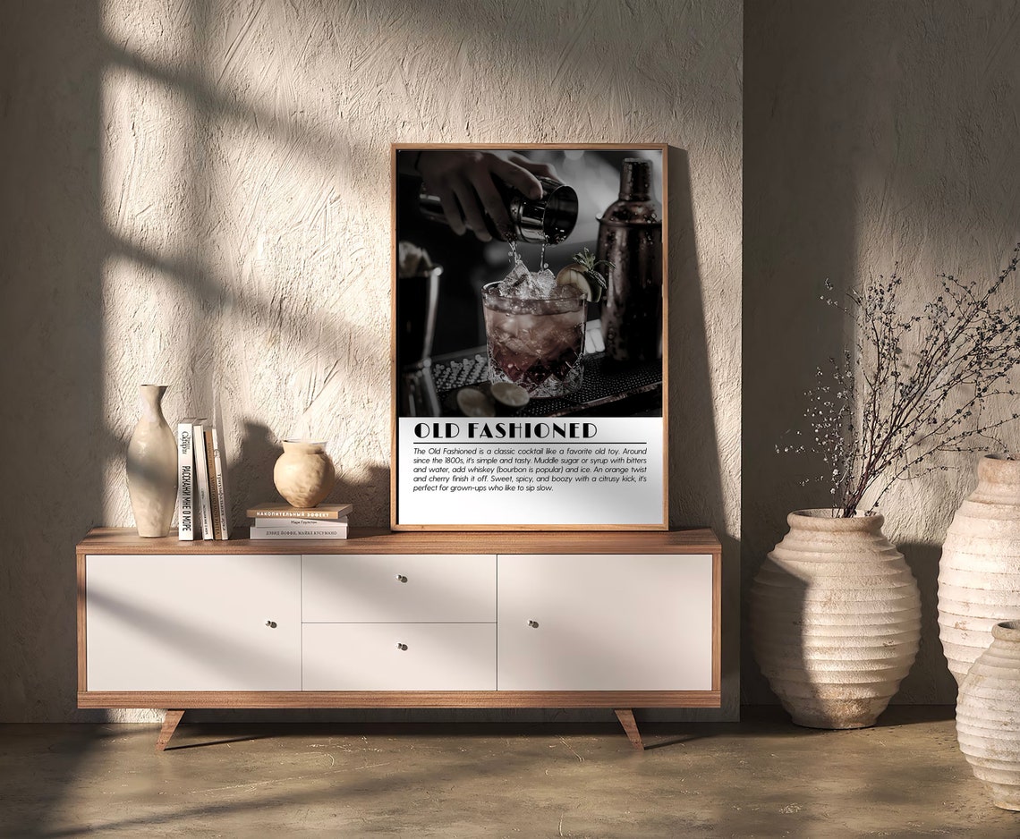 Old Fashioned Cocktail Classic Recipe Black White Bar Art Poster