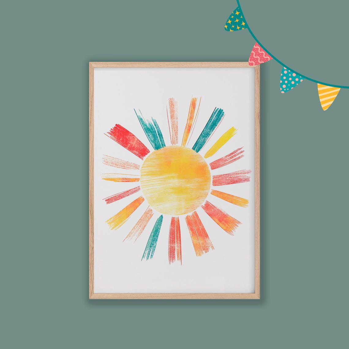Watercolor Sun with Colorful Brush Stroke Rays Nursery Wall Art