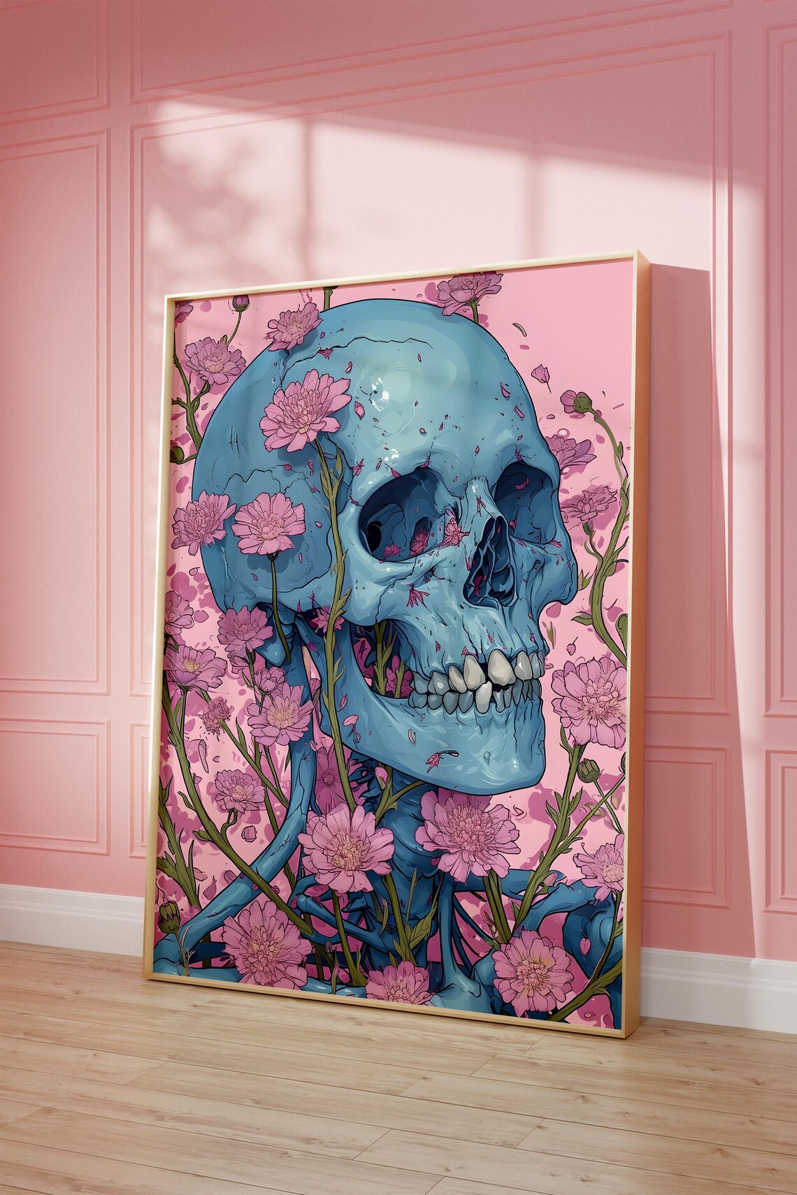 Blue Skull Pink Wildflowers Tattoo Style Bold Floral Art Poster