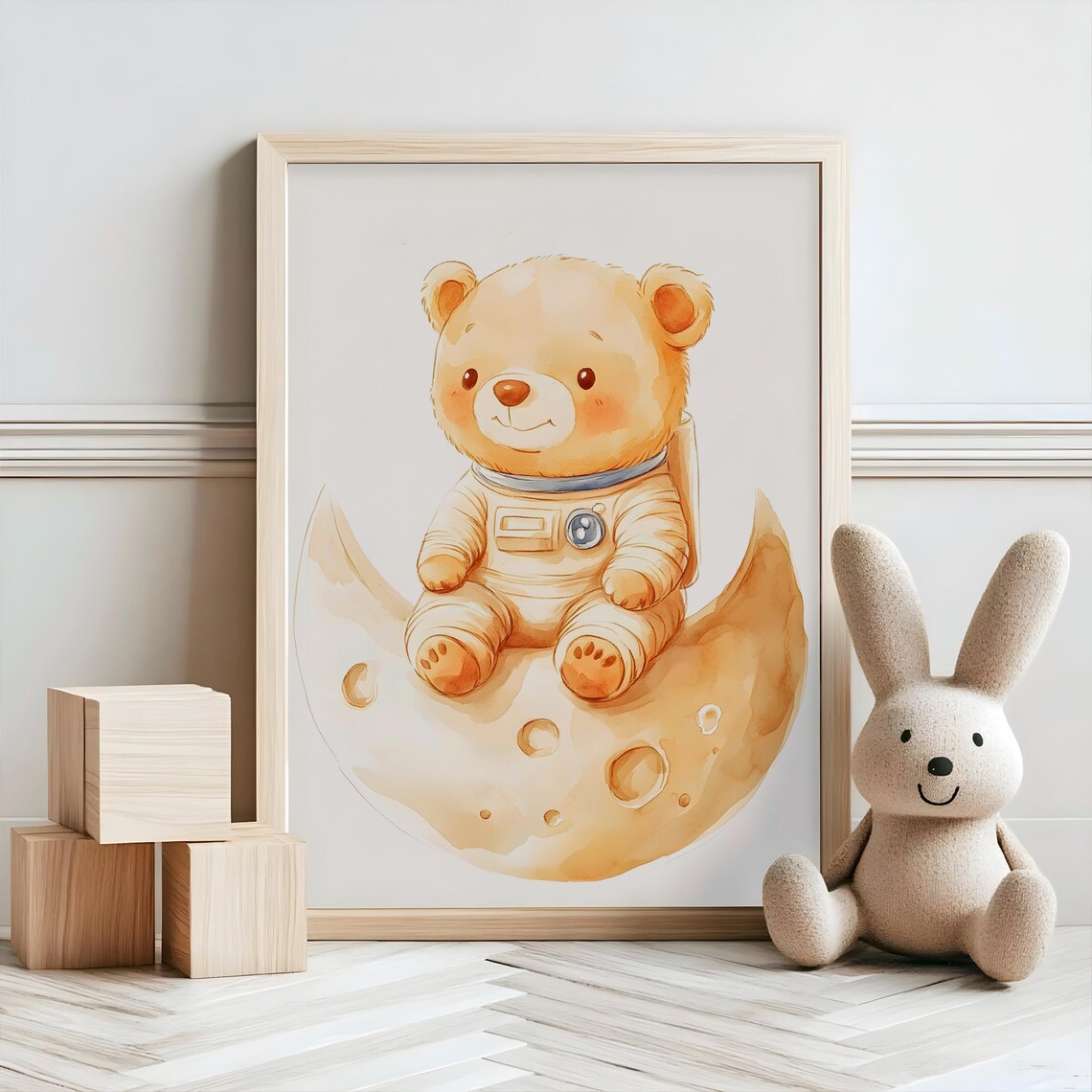 Watercolor Teddy Bear Astronaut Sitting on Moon Space Nursery Art Poster - Image 2