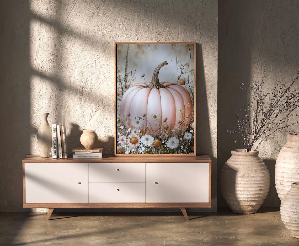 Blush Pink Pumpkin With White Daisies Soft Fall Floral Poster - Image 2