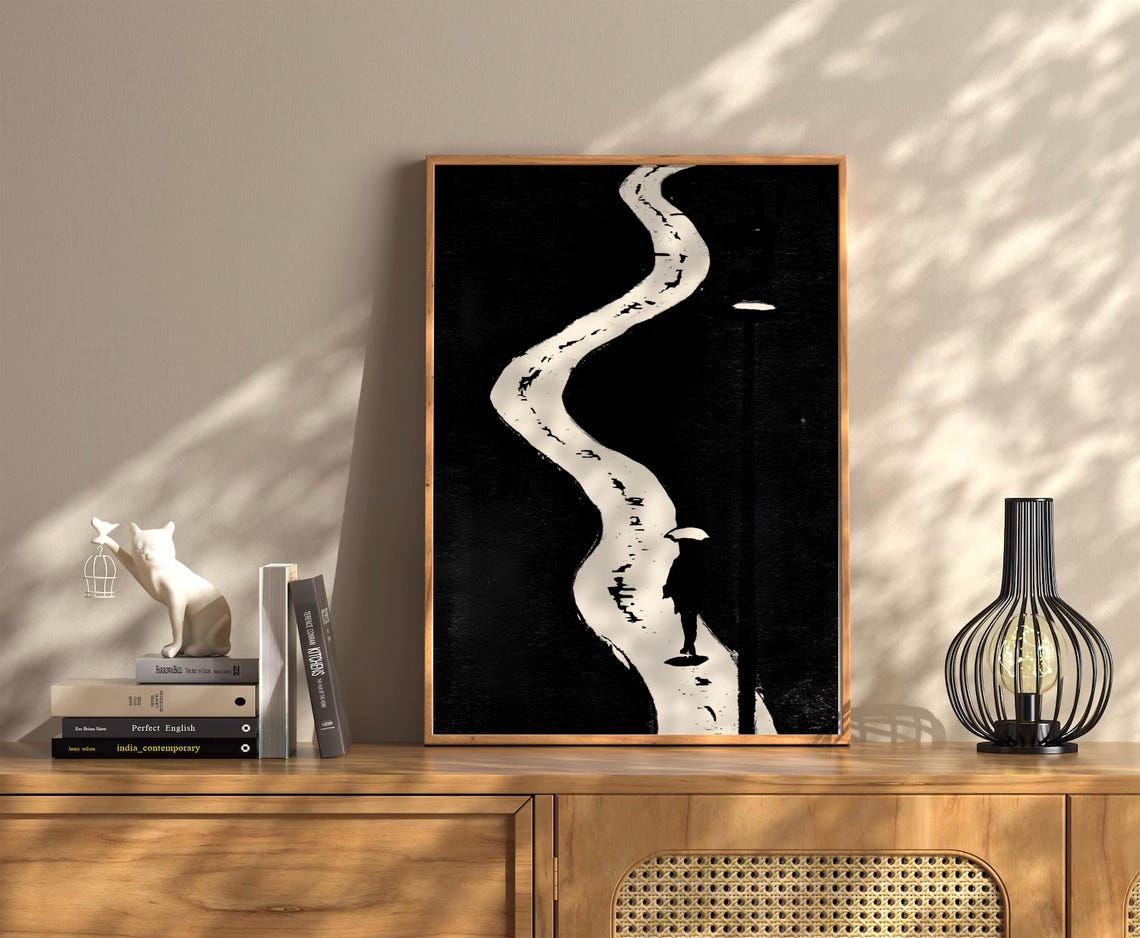 Silhouette Figure With Umbrella Winding Path Black White Poster - Image 2