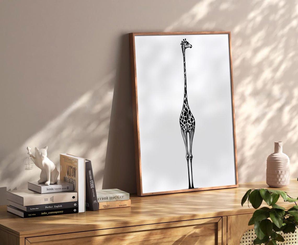Giraffe Rear View Tall Neck Ink Line Drawing Funny Animal Poster - Image 2