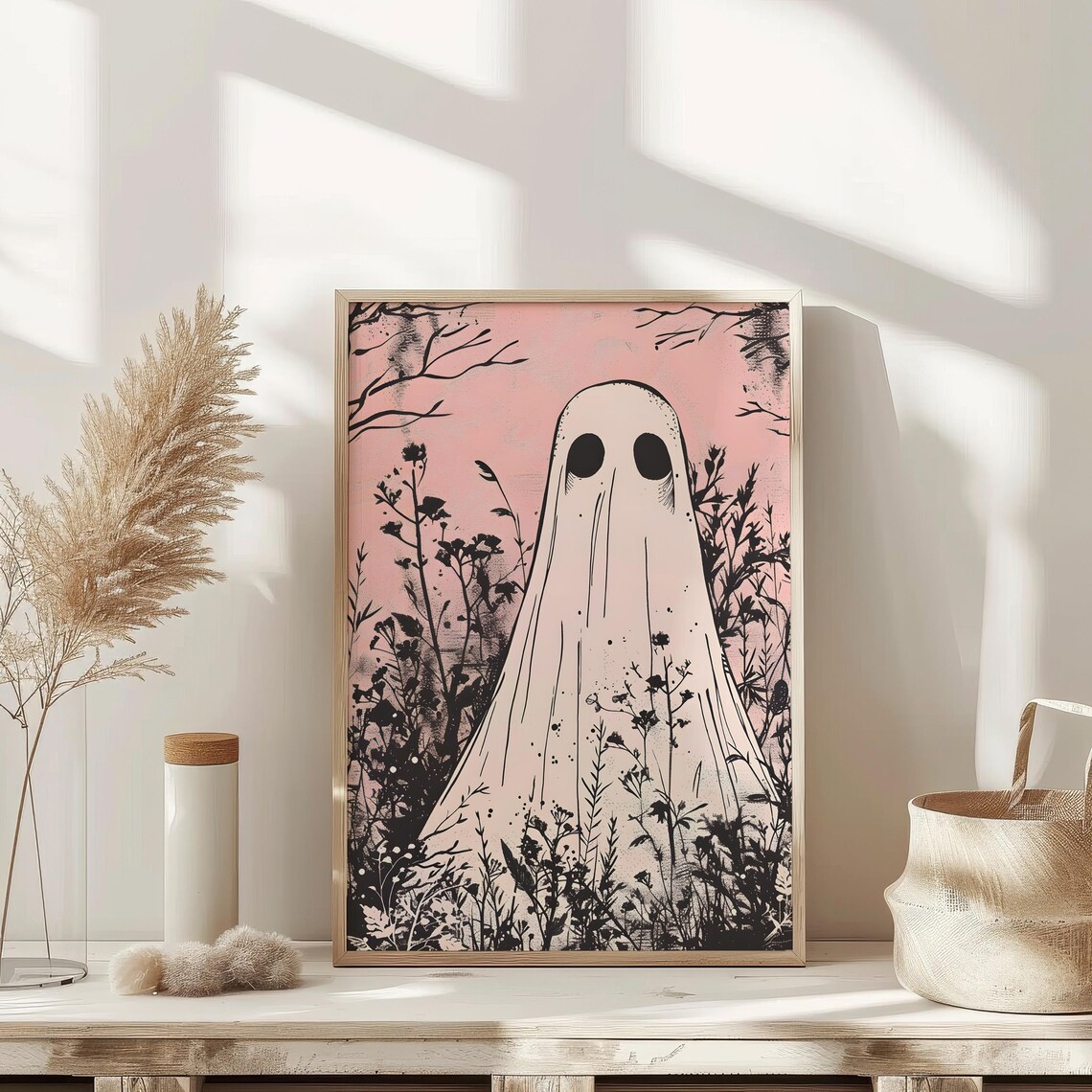 Cute Pink Ghost Among Black Wildflowers Vintage Halloween Poster - Image 4