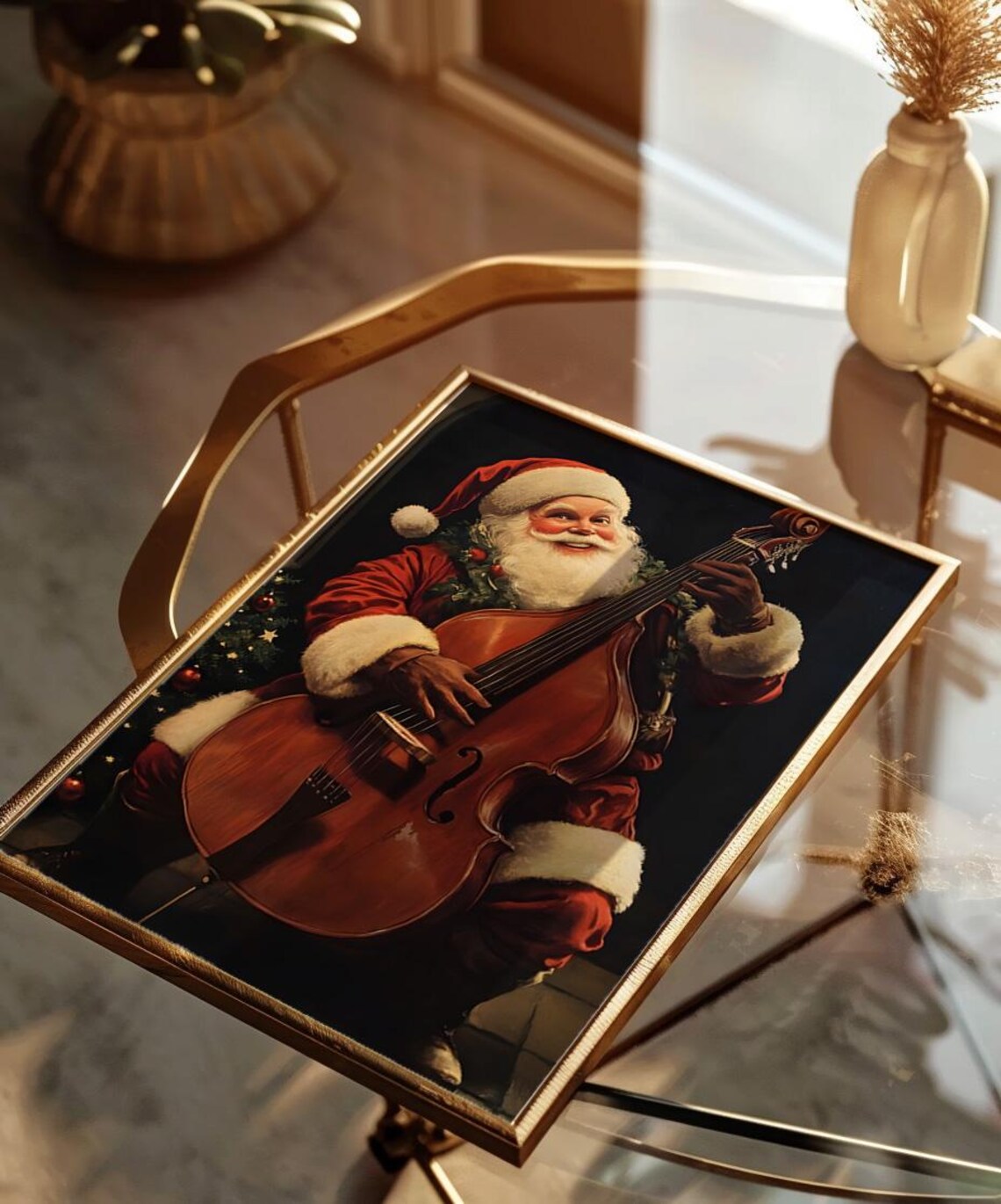 Santa Claus Playing Double Bass Musical Christmas Art Poster - Image 2