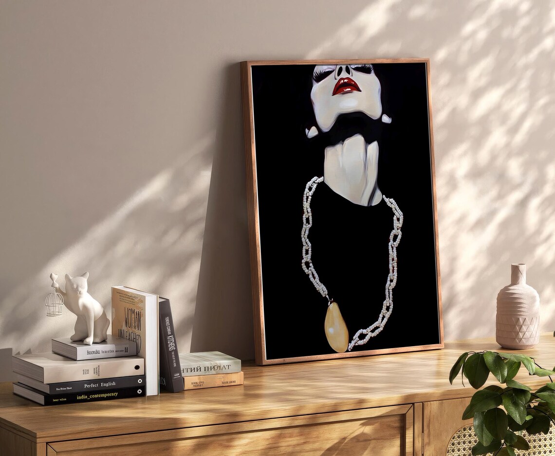 Glamorous Woman Red Lips Pearl Necklace Fashion Portrait Poster - Image 2