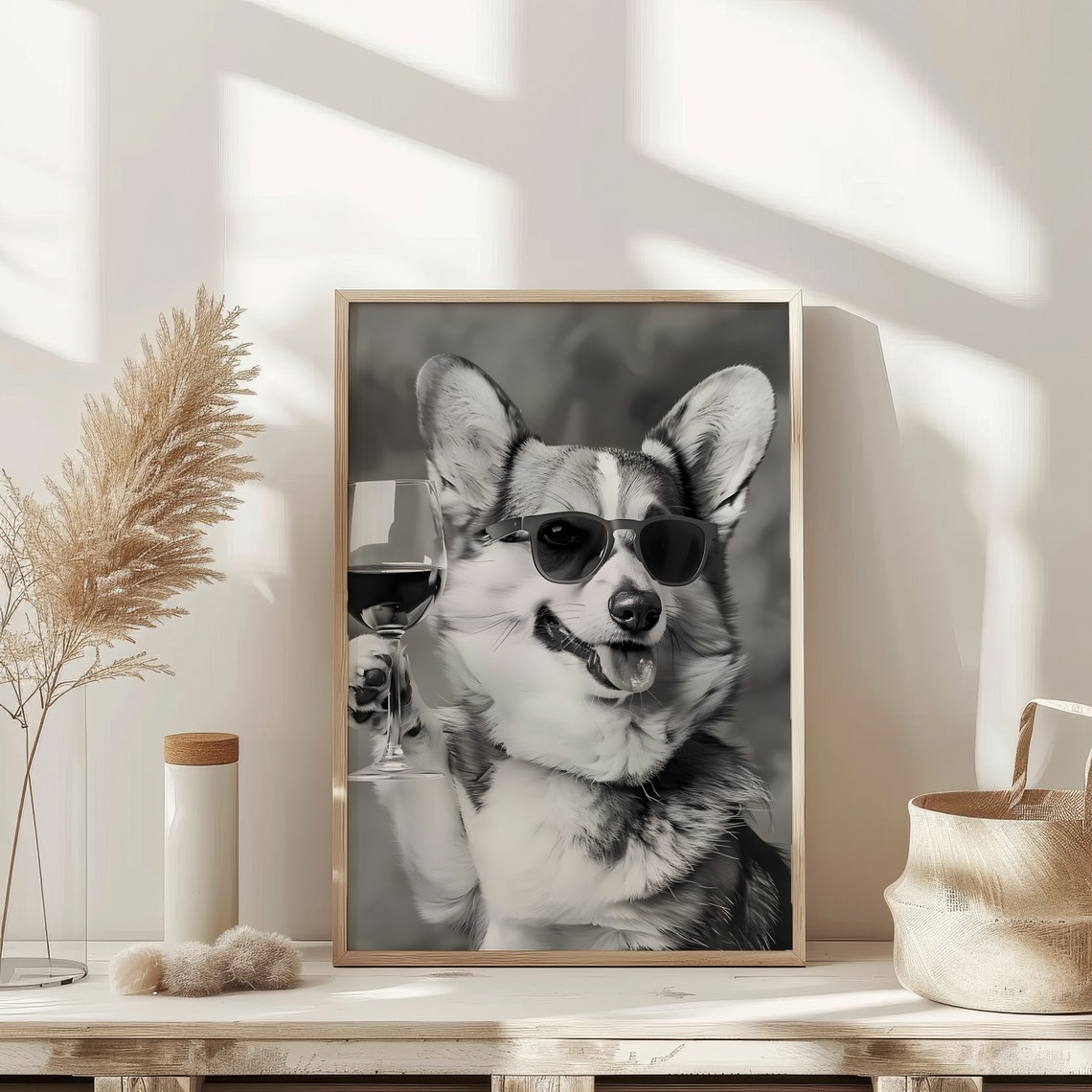 Corgi With Sunglasses Holding Red Wine Funny Black White Poster - Image 2
