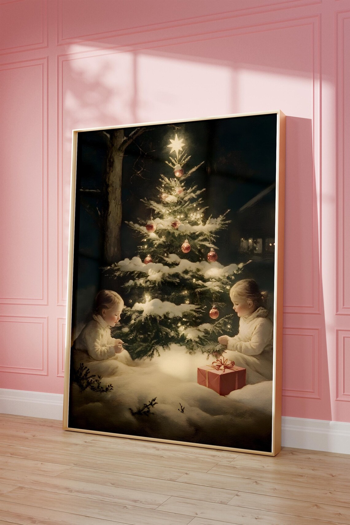 Children by Glowing Christmas Tree in Snow Vintage Art Poster - Image 3