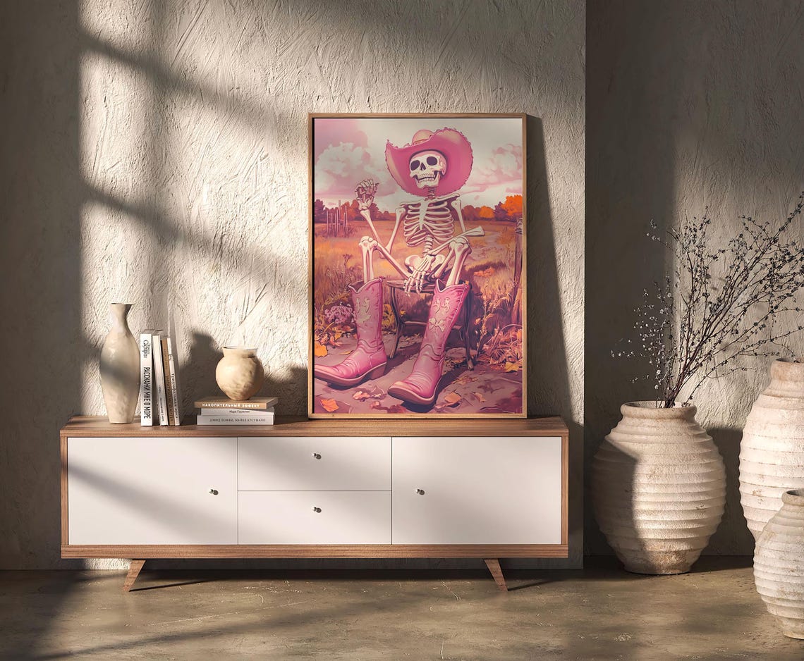Pink Cowboy Skeleton Boots Hat Sunset Western Halloween Poster - Image 2
