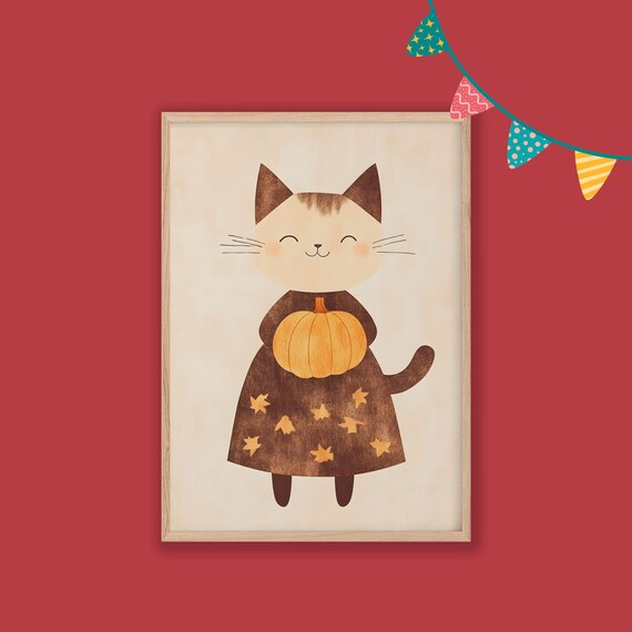 Cat in Autumn Dress Holding Pumpkin Fall Decor Cat Lover Poster