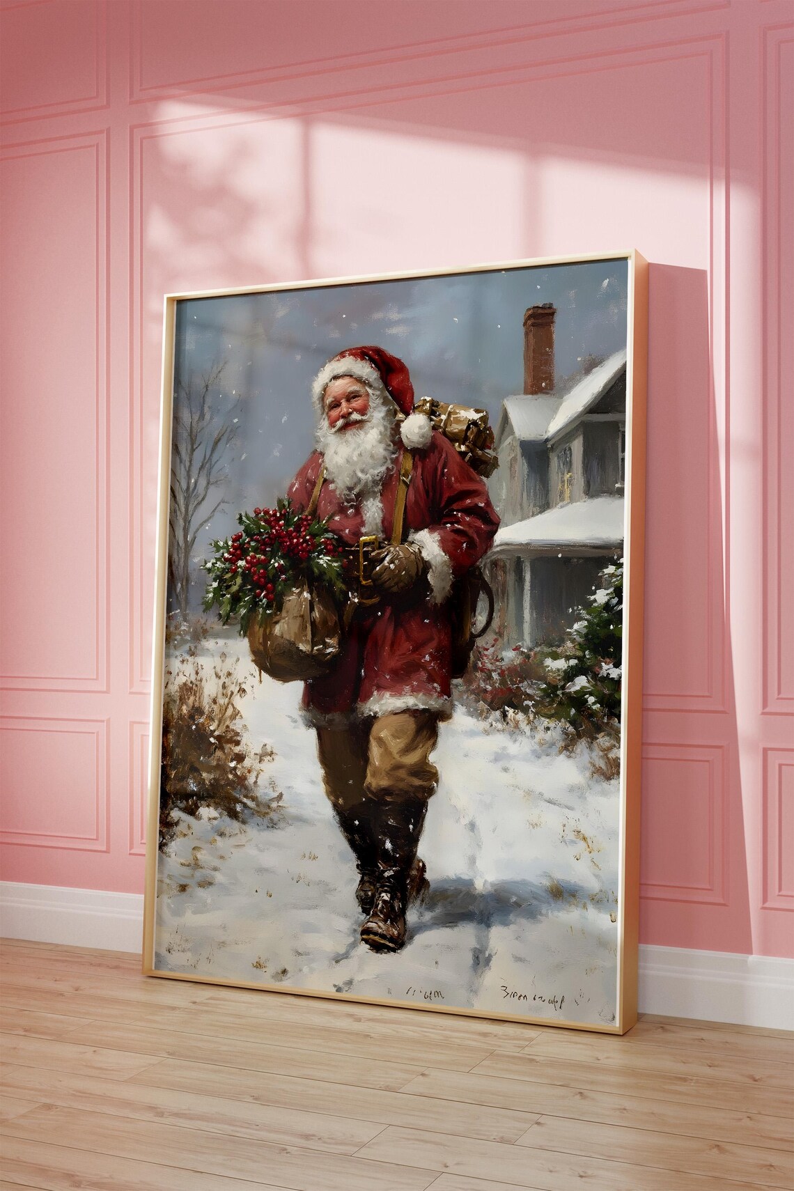 Vintage Santa Claus Walking in Snow With Gift Sack Christmas Poster - Image 3