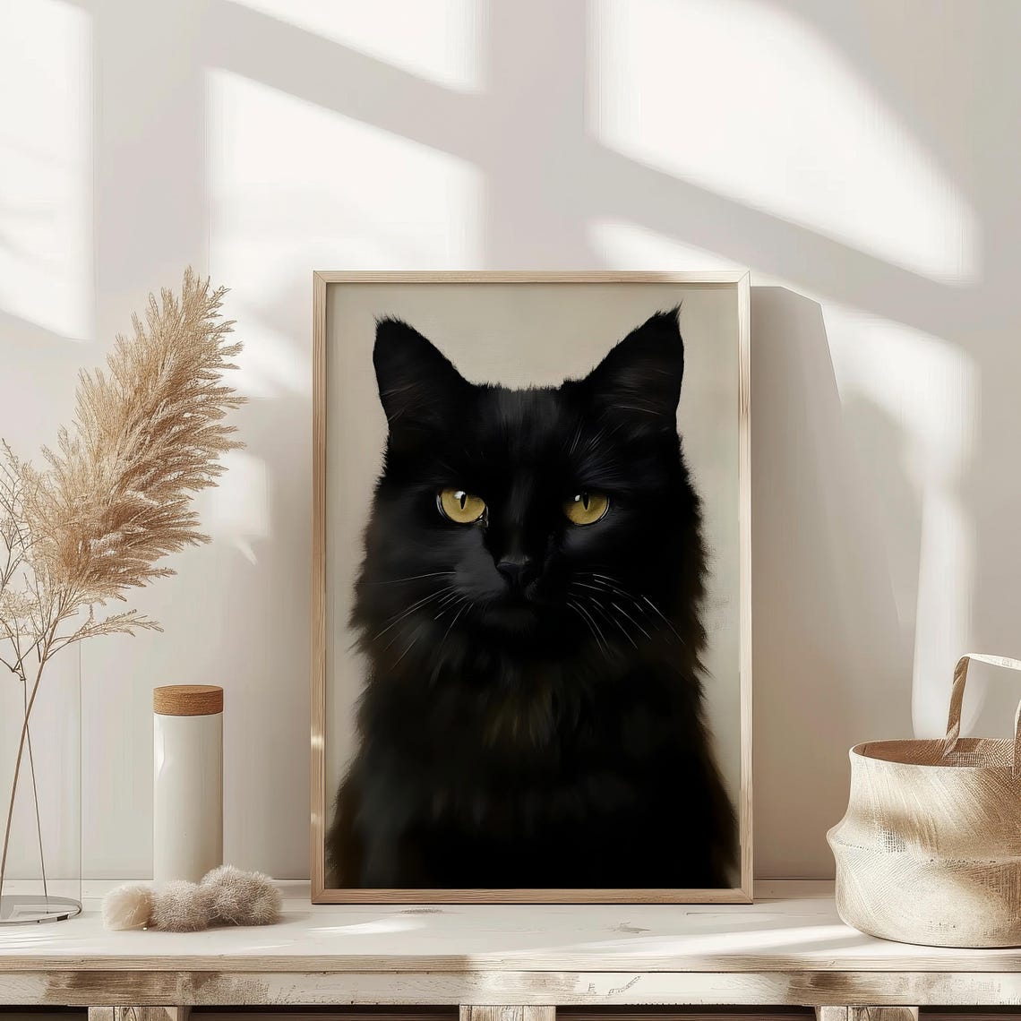 Black Cat With Golden Eyes Painterly Feline Portrait Wall Art - Image 2