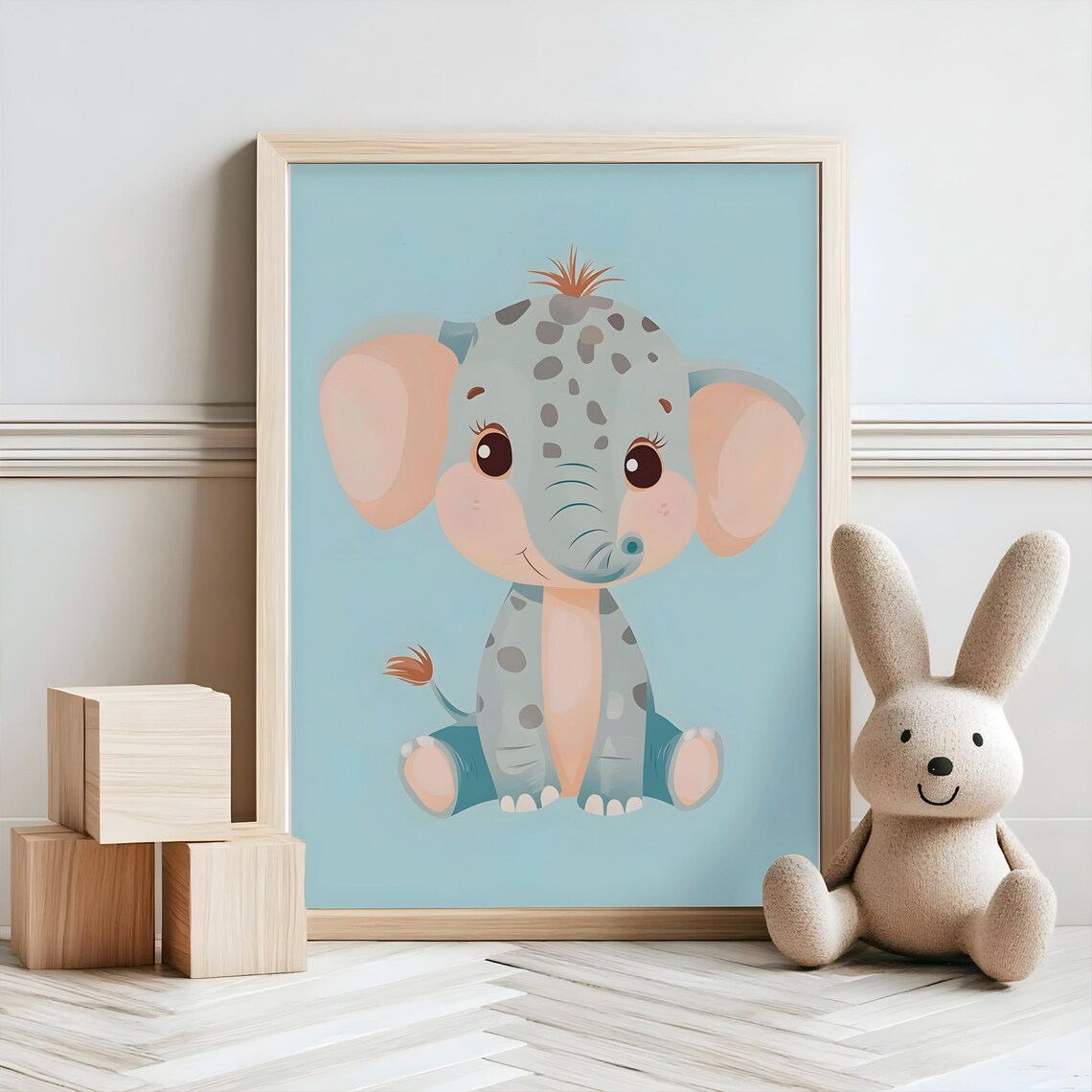 Cute Spotted Baby Elephant on Blue Minimalist Nursery Wall Art - Image 2