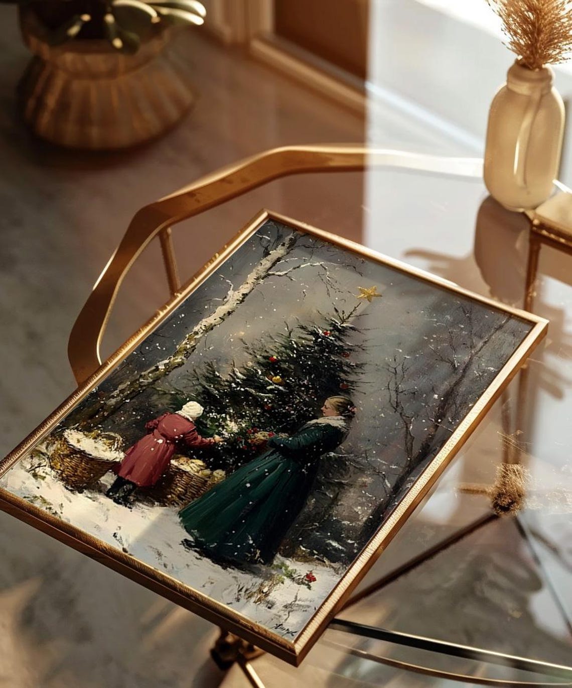 Mother and Child Decorating Christmas Tree Snowy Vintage Art Poster - Image 2