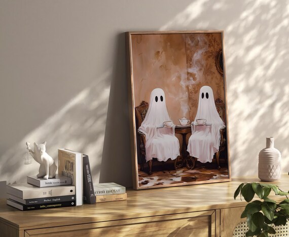 Two Cute Ghosts Sharing Afternoon Tea Vintage Spooky Halloween Poster